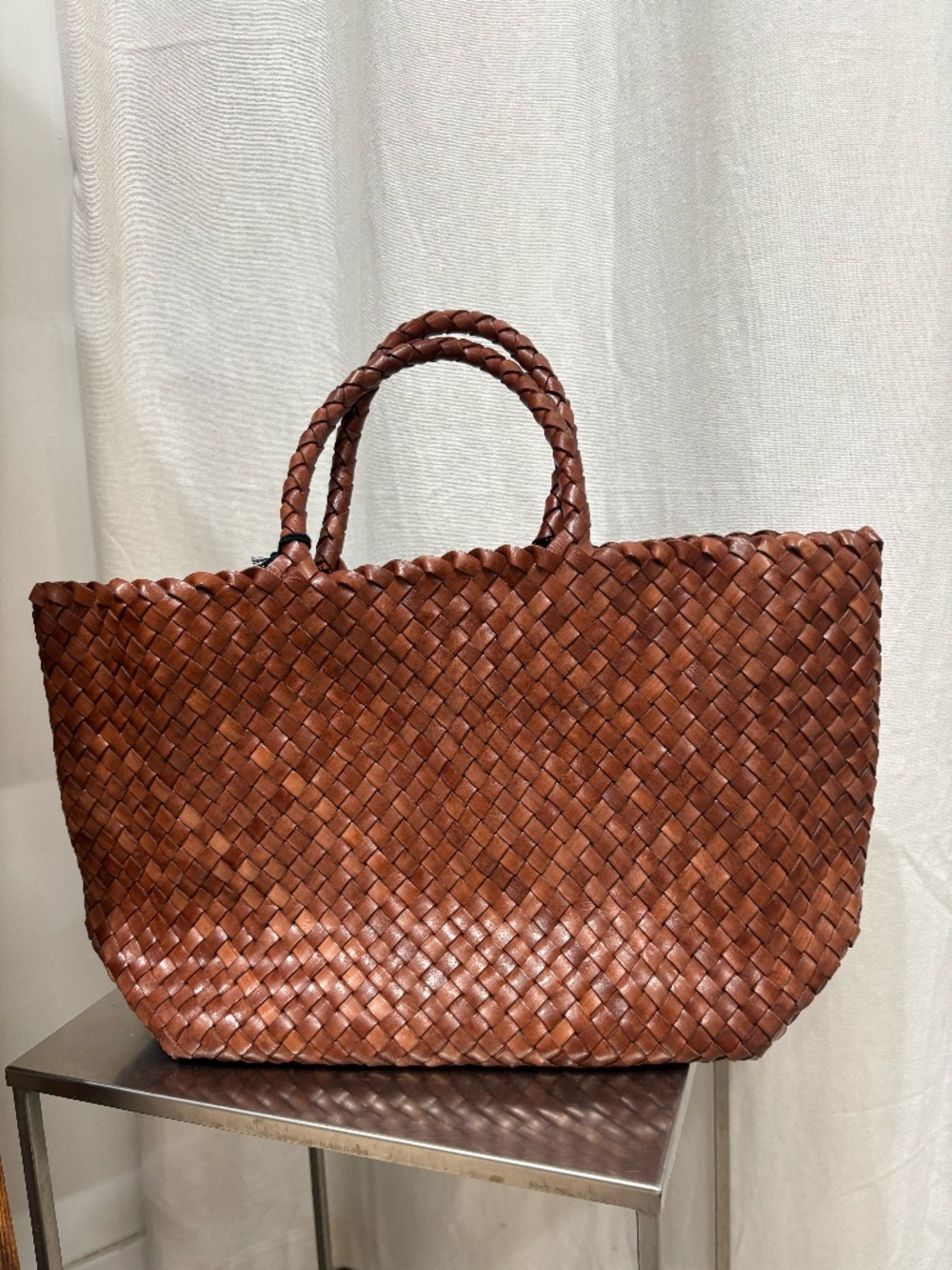 Veev Woven Leather Tote in Caramel
